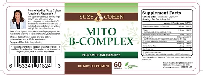 Script Essentials Suzy Cohen Mito B Complex Dietary Supplement 5-MTHF Adeno B12 Methylation Support Supports Healthy Nervous System Boost Energy Vitamin B 60 Servings