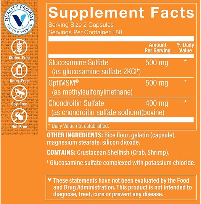 The Vitamin Shoppe Glucosamine Chondroitin MSM Capsules Joint Health &amp Mobility Support Supplement for Men &amp Women Supports Cartilage &amp Flexibility Gluten Free Dairy Free 360 Capsules