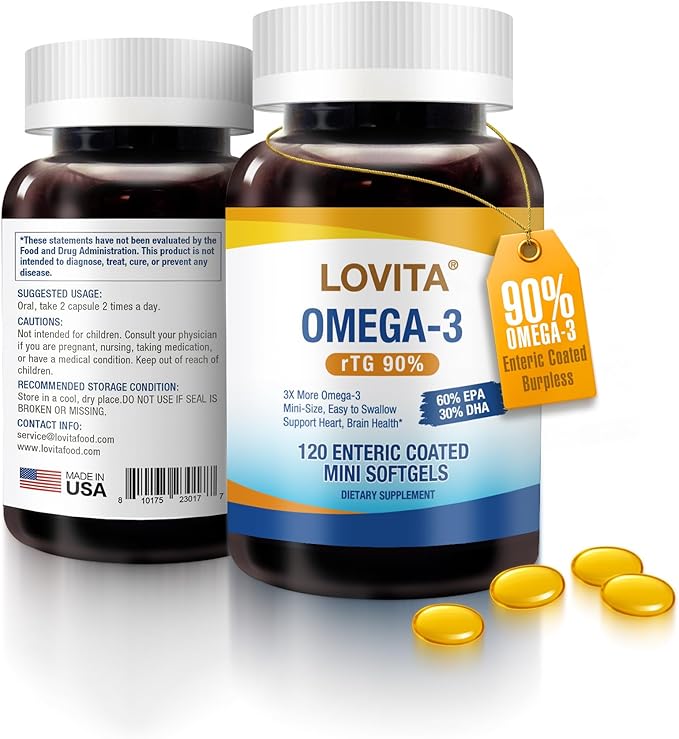 LOVITA 12-Pack Bulk Omega-3 Bundle - 1440 Mini Softgels 2000mg rTG Form Enteric-Coated Burpless Daily Supplement (Year Supply)