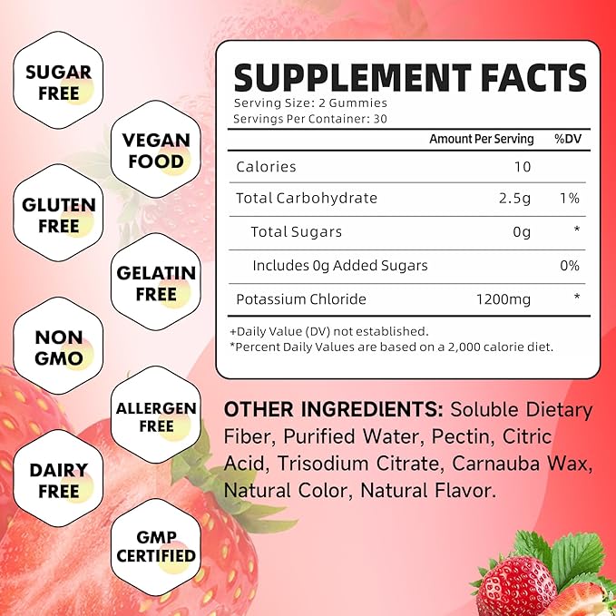 2 Pack Potassium Gummies for Adults Potassium Chloride Gummies 1200mg Support Leg Cramps &amp Electrolyte Balance Strawberry Flavor 120 Count