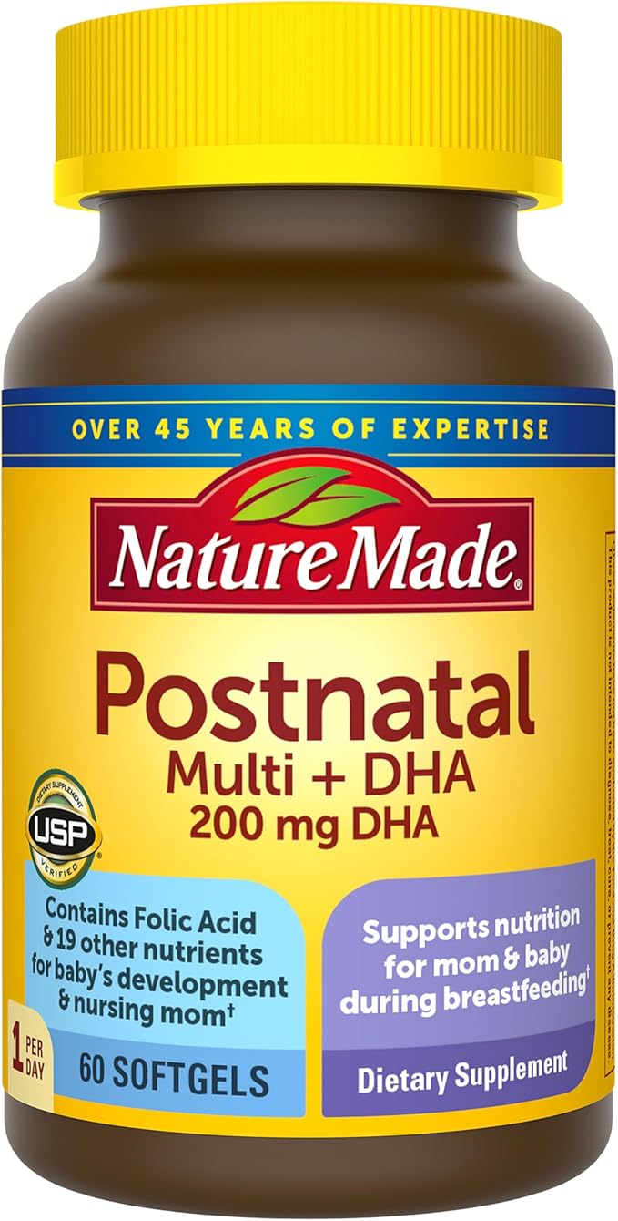 Nature Made Postnatal Multivitamin + DHA 200 mg Postnatal Vitamins for Women Includes Iron Vitamin D3 Calcium Iodine &amp More for Breastfeeding Moms 60 Softgels