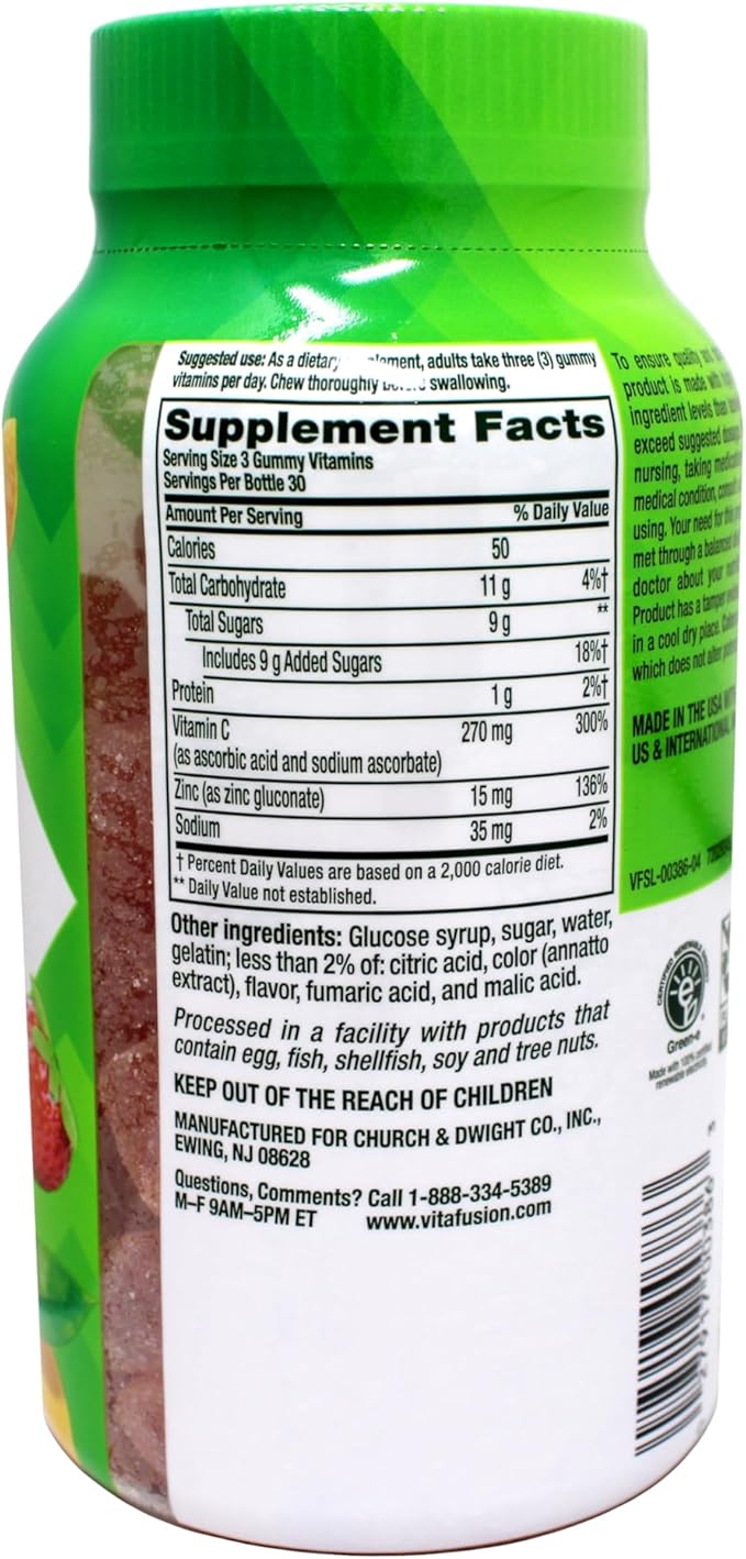 Vitafusion Power Zinc Gummy Vitamins 15 mg Zinc per Serving High Potency Zinc &amp Vitamin C for Immune Support Natural Strawberry and Tangerine Flavor 90 Count (Pack of 3)