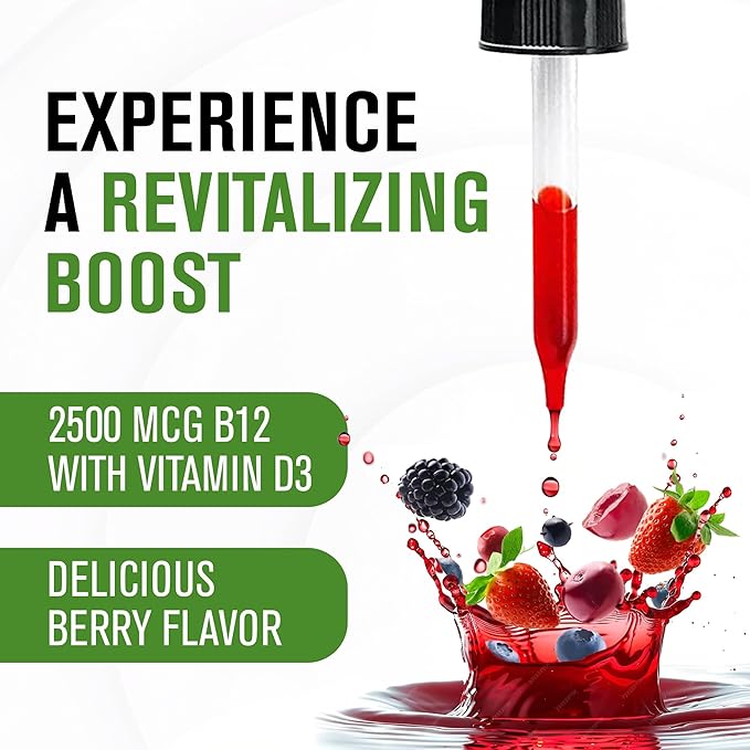 NaturalSlim Liquid B12 Vitamins with Vitamin D - Metab-12 Methylcobalamin 2500 mcg B12 Sublingual Drops for Metabolism Energy &amp Immune Support - Berry Flavor 1 fl oz