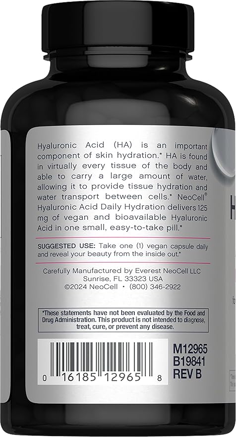 NeoCell Hyaluronic Acid Capsules | 60 Pills | 125 mg | Daily Hydration | Hair Skin &amp Nails | Vegan Supplement