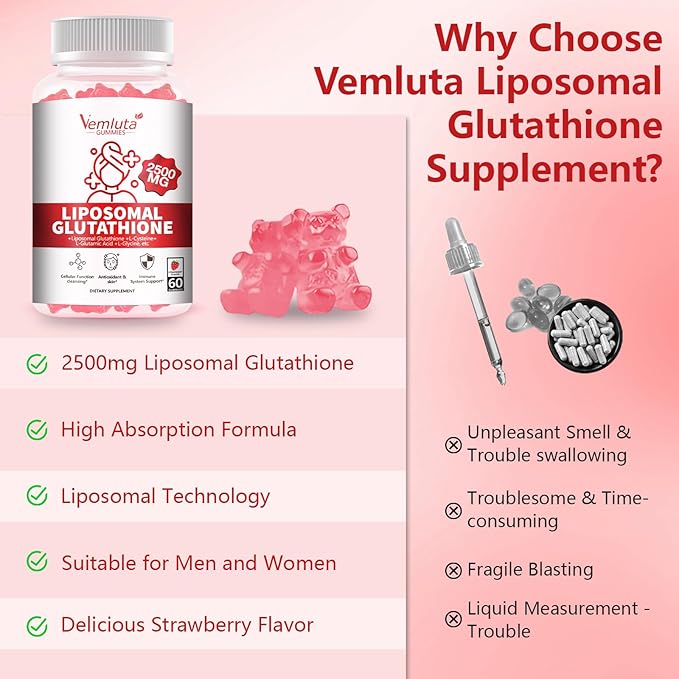 2 Packs 2500MG Liposomal Glutathione Gummies 2X Absorption Liposomal Glutathione for Women-Complex L-Cysteine Antioxidant Skin &amp Liver Support Strawberry Flavor 120 Count