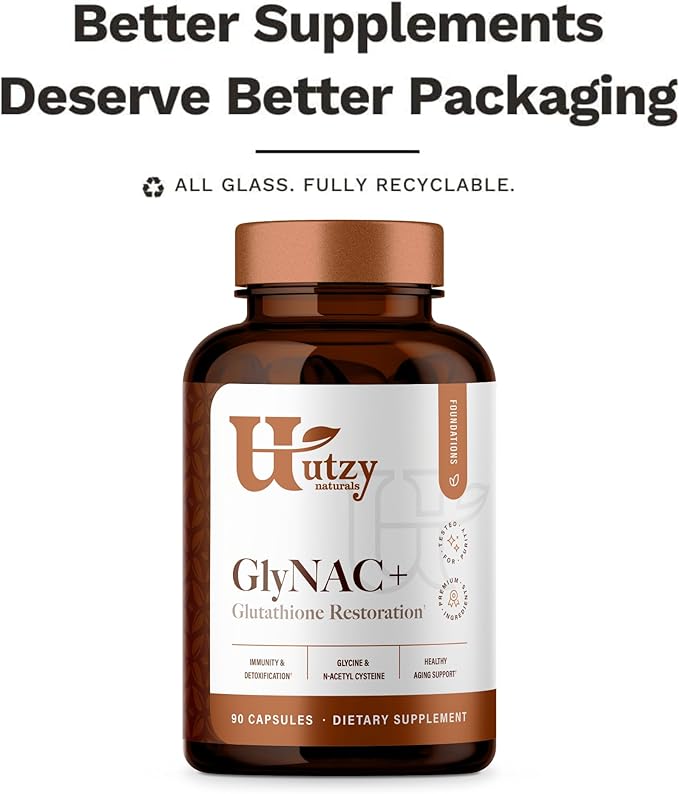 Utzy Naturals GlyNAC+ Supplement | 1000mg of Glycine &amp NAC (N-Acetyl cysteine) | with Vitamin B2 Cofactor for Glutathione Production | 90 Capsules