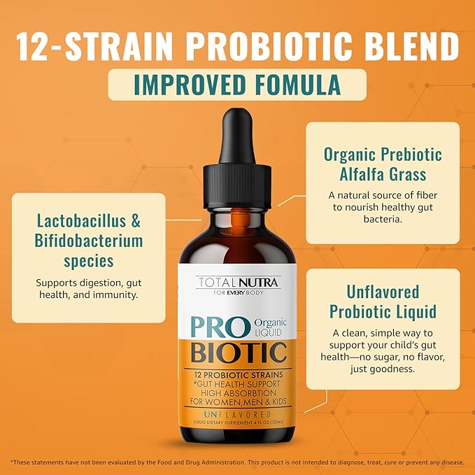 Liquid Probiotic for Women Men Kids Toddler Probiotic: USDA Organic Probiotics Vegan Probiotic Liquid &amp Alfalfa Blend + Acidophilus for Gut Health Dairy Gluten Sugar Free Non-GMO Oral Probio