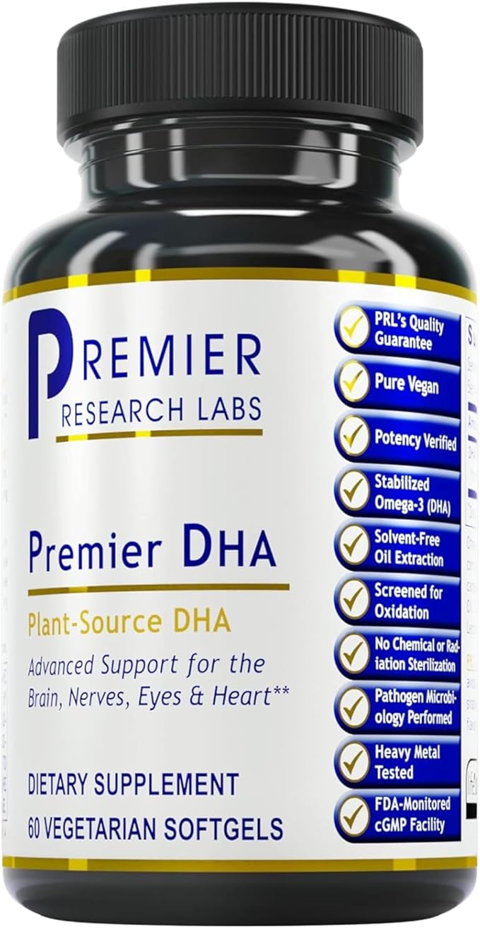 Premier Research Labs Premier DHA - Vegan DHA with Omega 3 Fatty Acids Algae Based DHA for Women &amp Men Natural DHA Supplement Suitable for Vegans- 60 Vegetarian Softgel Capsules
