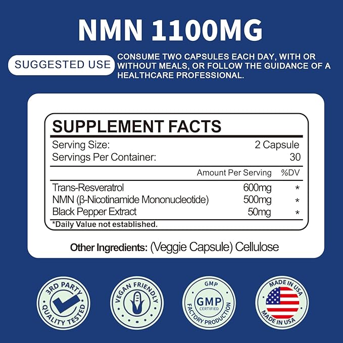 1100mg NMN &amp Trans-Resveratrol 3-in-1 Supplement 60 Veggie Capsules – Supports NAD+ Boost* Cellular Energy Immune Function Muscle Health &amp Anti-Aging 30-Day Supply
