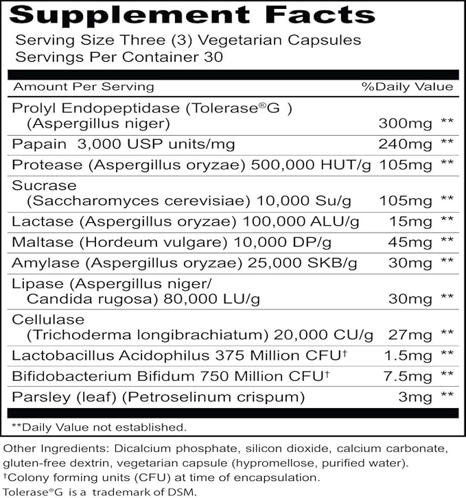 Priority One Vitamins Gluten Resolve 90 Vegetarian Capsules - Digestive Support for a Gluten Free Lifestyle.* Tolerase®G is scientifically Proven to Digest proline-Rich Gluten epitopes.*