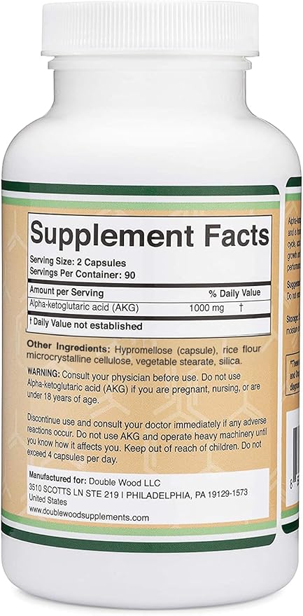 AKG Supplement (Alpha Ketoglutaric Acid) 1000mg Per Serving (180 Capsules) Different and May Be More Effective Than AAKG (Recently Studied for Healthy Aging Properties) Gluten Free by Double Wood