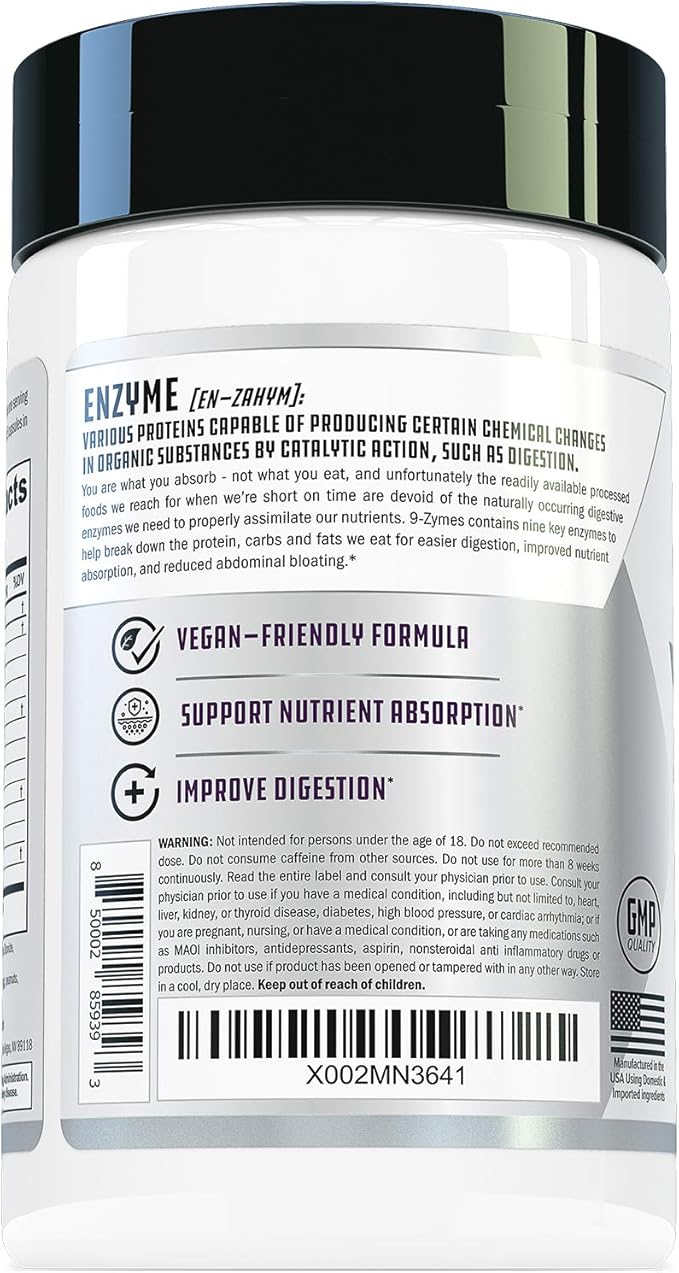 Cutler Nutrition 9-Zymes Digestive Enzyme Supplement: Contains Bromelain Protease Lipase Lactase &amp More to Help Reduce Bloating Improve Absorption and Reduce Gas 120 Servings/Capsules