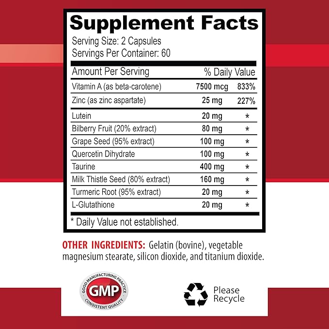 Vitamins for Eye Care - Maximum Vision Support - Promotes Healthy Vision - l-Taurine Supplement Lutein Bilberry Fruit Grape Seed Quercetin Dihydrate L-Taurine Vitamin A Pills 2 Bot 120 Caps