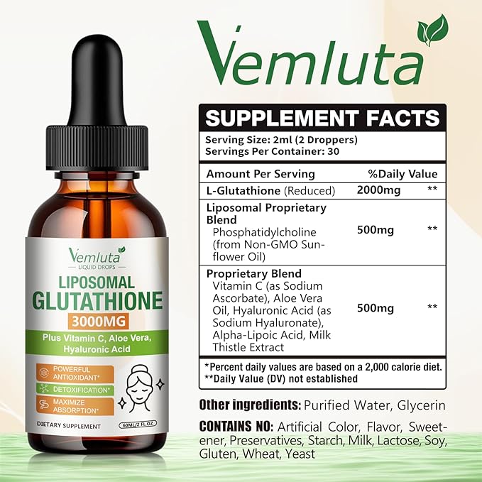 2 Pack 3000mg Liposomal Glutathione Liquid Drops 98% Absorption Liposomal Glutathione with Vitamin C for Women Glutathione Liposomal Supplement Powerful Antioxidant Complex for Immune System Liver
