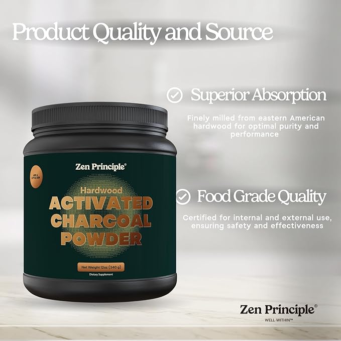 Zen Principle Activated Charcoal Powder only from USA Hardwood Trees. All Natural. Whitens Teeth Rejuvenates Skin and Hair Supports Better Digestion. Free Scoop Included. 12 oz.