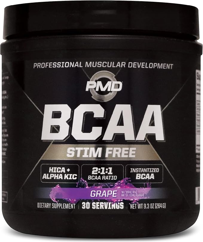 PMD Sports BCAA Stim-Free Amino Acids - Better Workout Performance Enhanced Recovery Daily Energy Muscle Builder and Muscle Sparing - BCAA Powder Drink Mix - Grape (30 Servings)