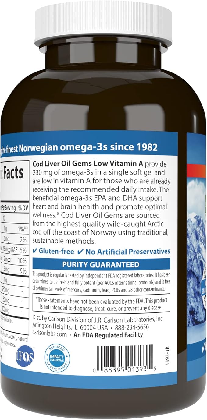 Carlson - Cod Liver Oil Gems Low Vitamin A 230 mg Omega-3s Norwegian Wild Caught Sustainably Sourced 300 Softgels