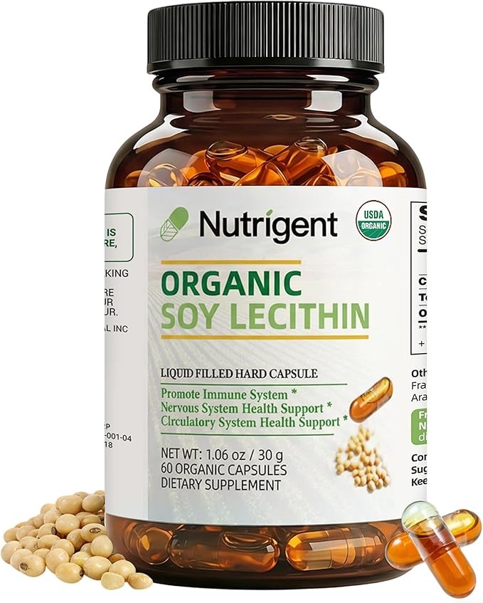 USDA Organic Soy Lecithin Supplement 800 mg High Absorption Liquid Organic Capsules Choline Lecithin Supplement for Brain &amp Liver Health Support Non-GMO Gluten Free 60 Count