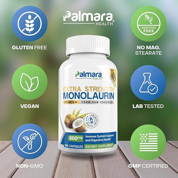 Palmara Health Extra Strength Monolaurin 1600mg per Serving 800mg per Capsule
