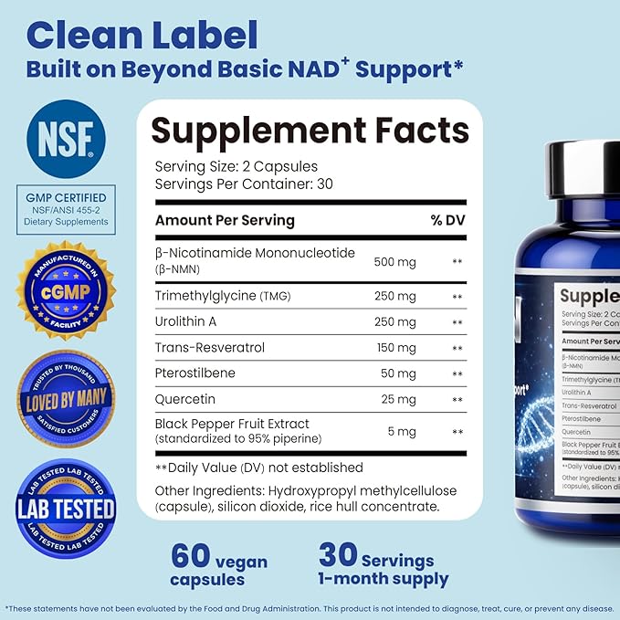 Clean Stable Energy NMN Supplement – No Crash or Jitters NAD+ Complex with Resveratrol TMG &amp Urolithin A – Non-Stimulant Daily Energy Support for Women &amp Men – 60 Capsules