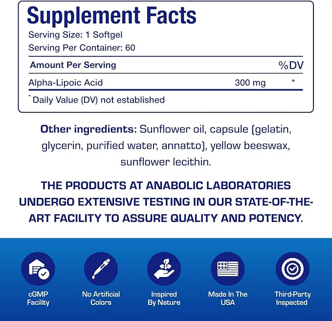 Alpha Lipoic Acid 300mg - Clinical Formula ALA Supplement for Liver Eye Brain Mitochondria Energy Antioxidant &amp Nerve Support - Non-GMO Soy Free &amp Easy to Swallow Softgels - 60 Servings