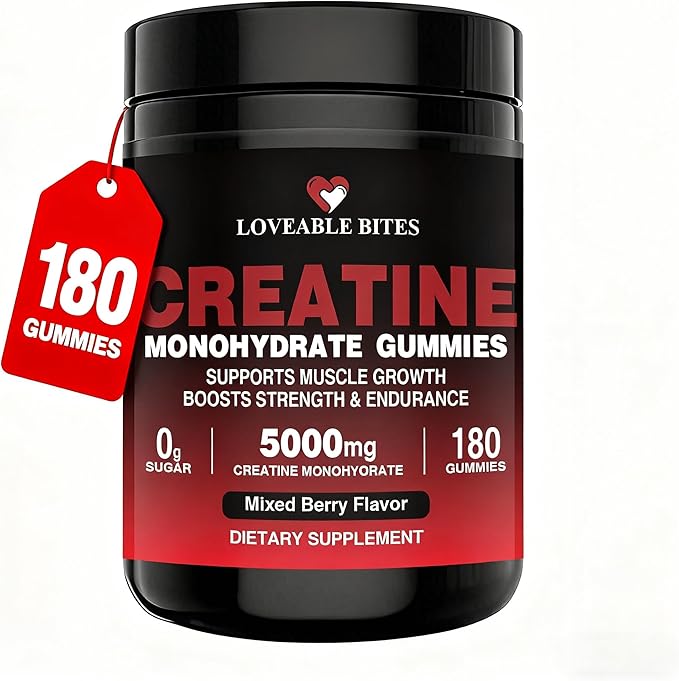 Loveable Bites Creatine Monohydrate Gummies – 5000mg Creatine Gummies for Men &amp Women | Supports Muscle Strength Endurance Energy &amp Recovery | Sugar-Free Vegan Mixed Berry Flavor 180 Coun