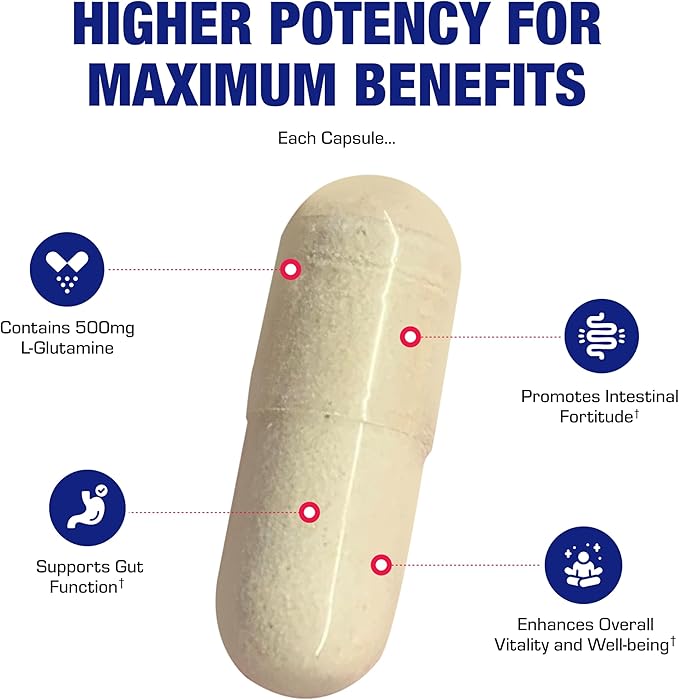 Free Form L-Glutamine Supplement - Clinical L Glutamine Capsules 500mg for Gut Health and Immune Support - Powerful Amino Acid Glutathione Precursor - Non-GMO &amp Made in The USA - 100 Servings