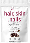 Micro Ingredients Hair Skin and Nails Vitamins for Women &amp Men | 400 Softgels with MCT Oil | 22-in-1 Argan Oil Hyaluronic Acid Collagen Keratin &amp Biotin Complex | Natural Hair Growth Suppor