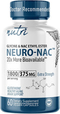 Nutri Neuro NAC Supplement 375mg Extra Strength with 1800mg Glycine - N-Acetyl Cysteine Ethyl Ester - 20x More Bioavailable - Boost Glutathione 10x More - 90 Vegan Capsules - 3rd Party Tested