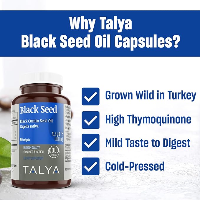 TALYA Black Seed Oil Softgel with High Thymoquinone - Immune Support - Digestive Health - Brain Function - Joint Mobility - Cold-Pressed - Non-GMO - Turkish Black Cumin Seed 90 Capsule