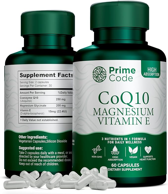 Prime Code [ 3 𝐢𝐧 𝟏] CoQ10 250mg with Magnesium Glycinate and Vitamin E | CoQ10 Capsules 250mg | Magnesium Glycinate 200mg | Vitamin E 15mg | Non-GMO | Gluten &amp Soy Free | Vegan