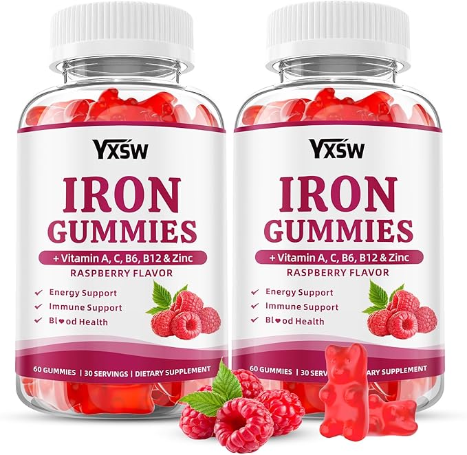 Iron Gummies for Women &amp Men Vegan Iron Supplement Gummies with Vitamin C A B-Complex Folate Zinc- for Immune Health &amp Energy Support Raspberry Flavor 120 Count