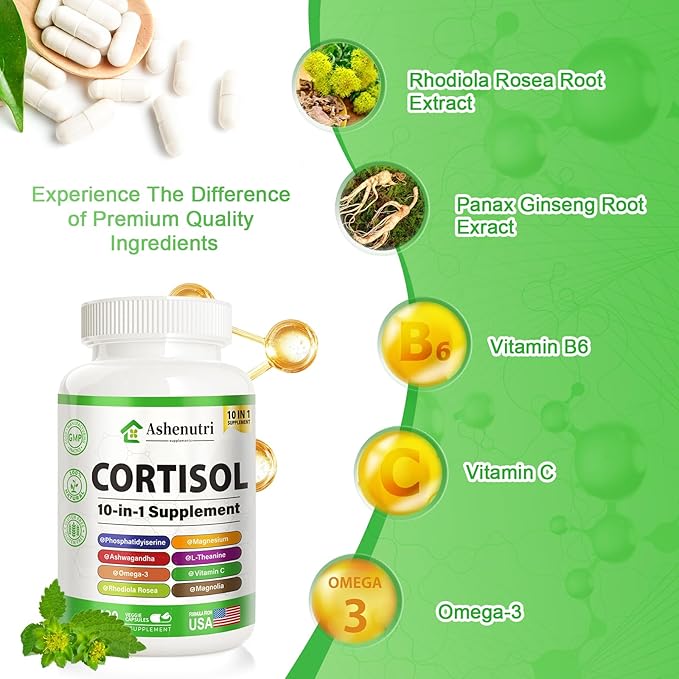 Ashenutri 10-in-1 Cortisol Supplement with MagnesiumAshwagandhaRhodiola RoseaL TheanineHormone Balance for Women 120 Vegan Capsules