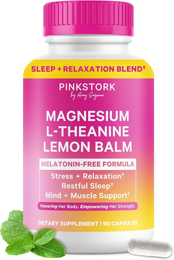 Pink Stork Magnesium Glycinate L-Theanine Lemon Balm - Melatonin-Free Magnesium for Sleep Support - Natural Calm and Relaxation - 90 Capsules