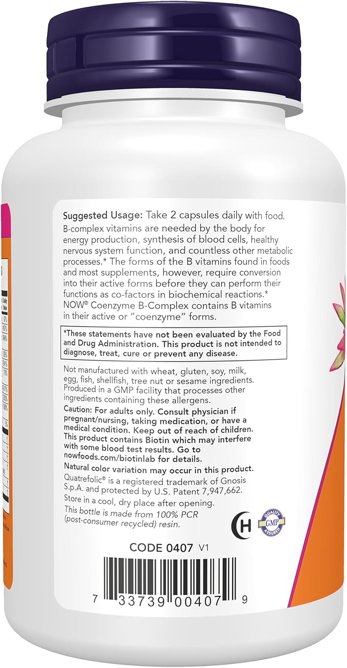 Now Supplements Co-Enzyme B Complex with Alpha Lipoic Acid and CoQ10 Nutritional Health 120 Veg Capsules