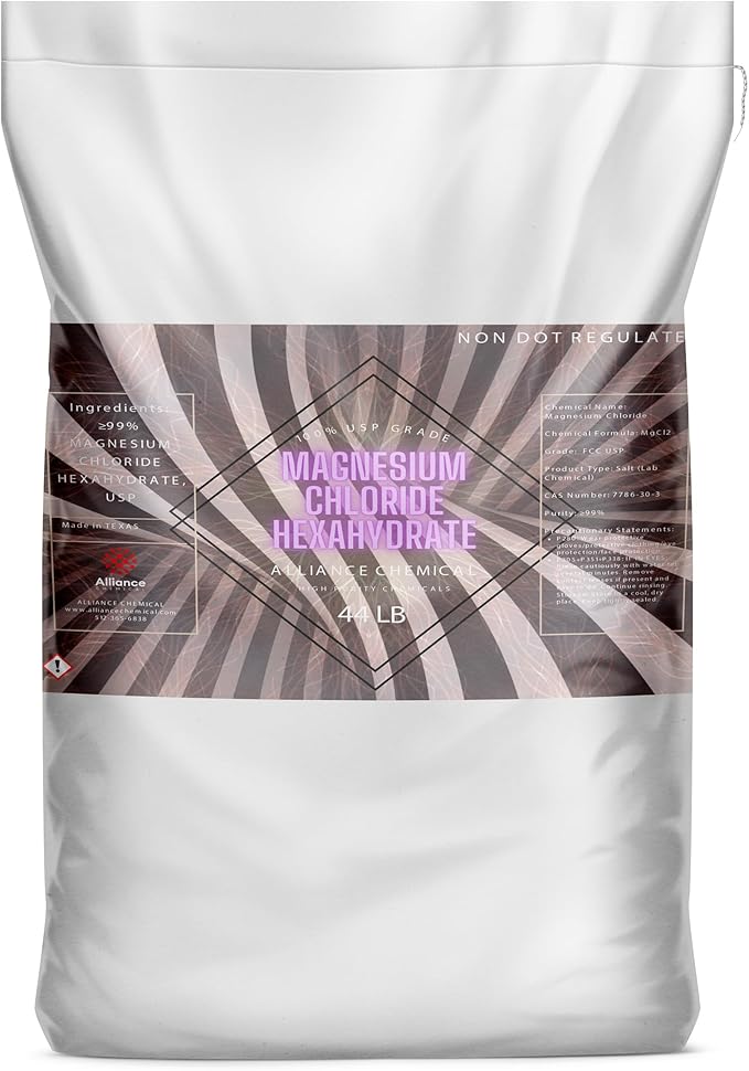 Alliance Chemical Magnesium Chloride Hexahydrate FCC USP Grade - 44 lbs Bag - Magnesium Chloride Ice Melt and Food Industry Raw Material