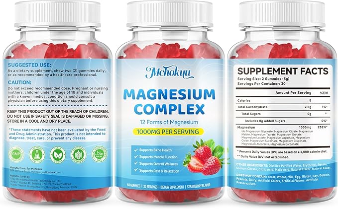 Magnesium Complex Gummies 1000mg | 12-in-1 Magnesium Complex Supplement with Glycinate Citrate Malate &amp Taurate Supports Muscle Function Bone Health Rest &amp Relaxation – Strawberry 120 Cou