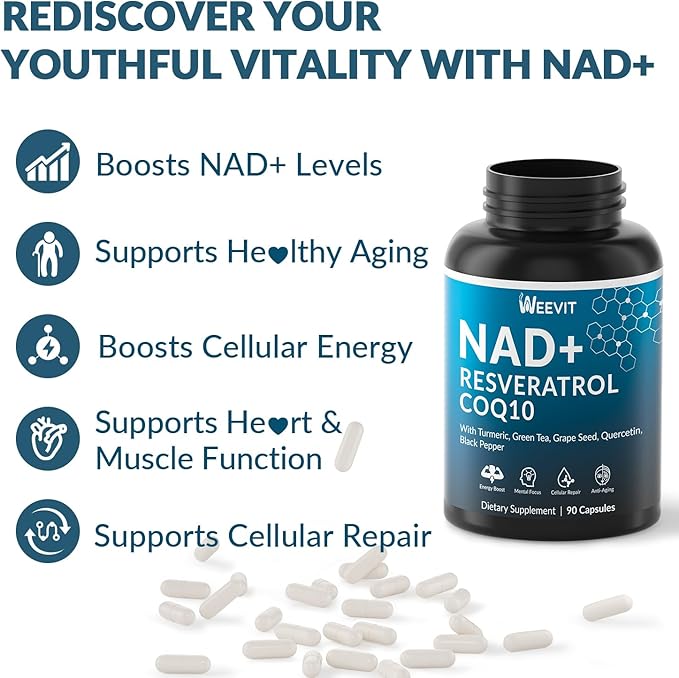 NAD+ Resveratrol Supplement with COQ10 Quercetin Turmeric NAD+ Supplement for Men and Women - Energy Focus &amp Anti-Aging Support - Gluten Free Non-GMO