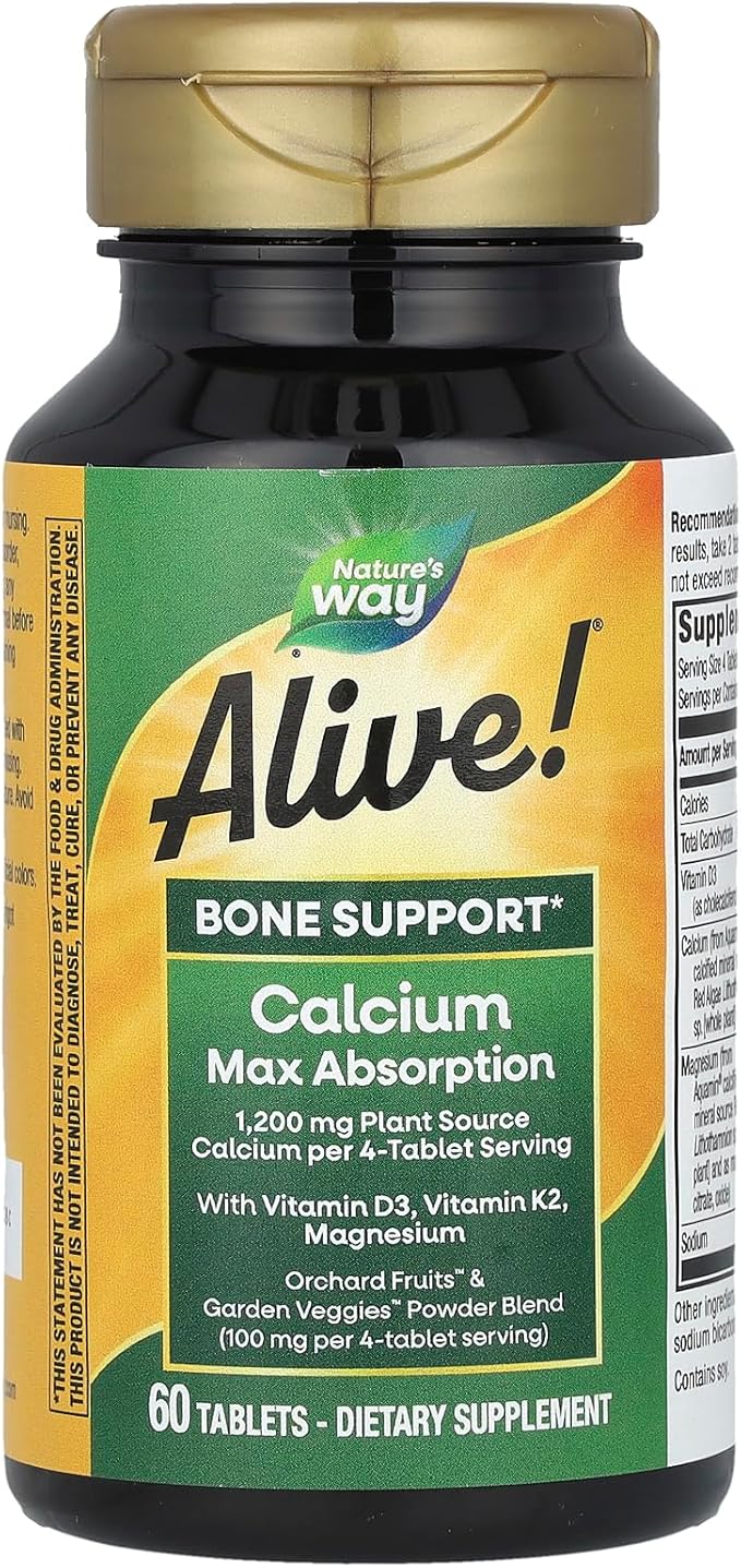 Nature’s Way Alive! Calcium Bone Support Tablets* Max Absorption Calcium Supplement with Vitamins D3 K2 &amp Magnesium Promotes Bone Health and Bone Density* Gluten Free 60 Tablets
