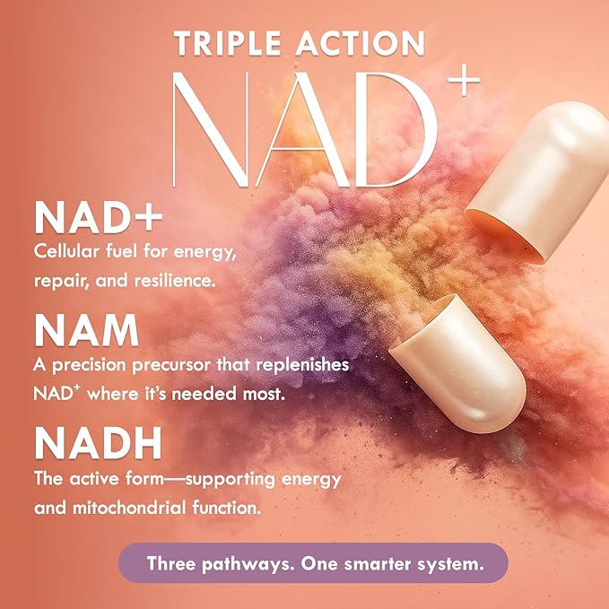 NAD+ Supplement – Triple Action Liposomal NAD+ &amp NADH Formula for Cellular Energy Mitochondrial Support and Longevity Developed by Dr. Halland 60 Capsules (30-Day Supply)