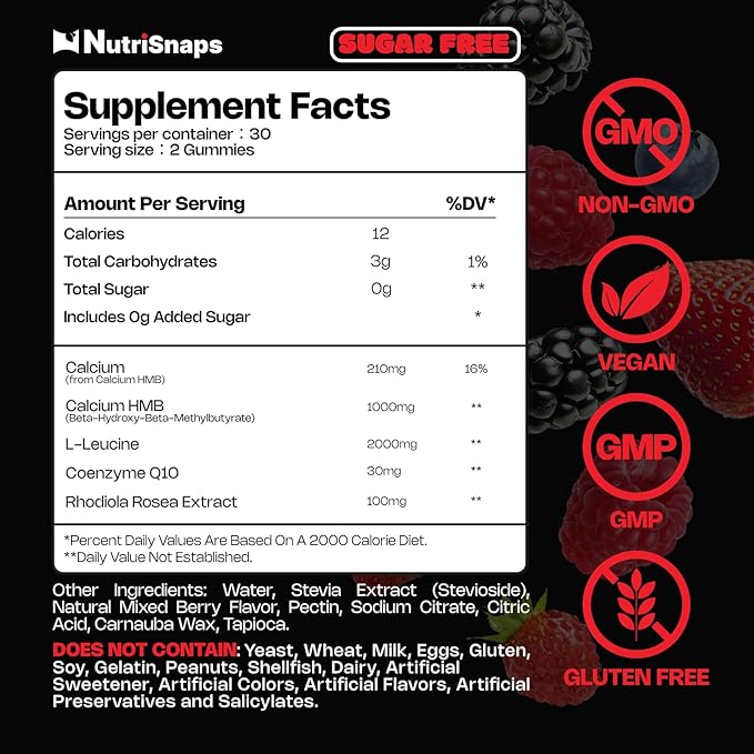 Sugar Free HMB and Leucine Gummies HMB and Leucine Amino Acid Supplements for Men Women with CoQ10 Rhodiola Rosea for Muscle Growth and Fast Workout Recovery Vegan Mixberry Flavor 30 Servings