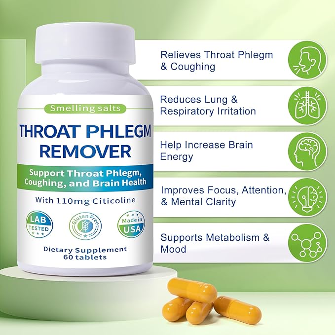 Throat Phlegm Remover – Fast Relief for Throat Phlegm &amp Coughing – Citicoline Supplement for Respiratory Throat &amp Brain Health – Non-GMO Gluten-Free 60 Tablets