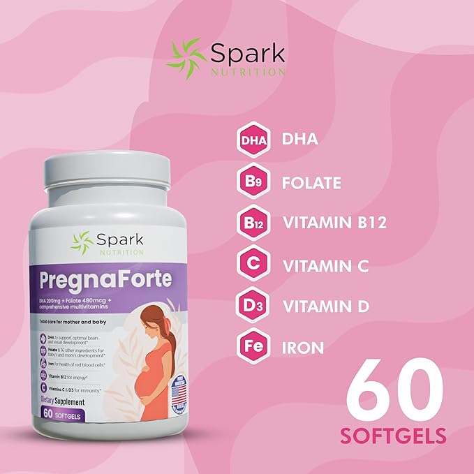 Pregnaforte 1 a day Prenatal vitamins for women 2 month: Folic acid Fish Oil Omega 3 DHA/EPA Vitamin D3 B6 Vitmain B12 C E Calcium Iron Magnesium Zinc supplement FSA HSA eligble multivitamin