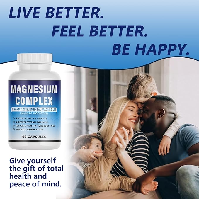 Magnesium Complex Supplement - 8 Elemental Magnesium 1000mg - Glycinate Citrate Malate Taurate Chelated | Easy Absorption Energy Support | Vegan Non-GMO 90 Capsules (1pc)