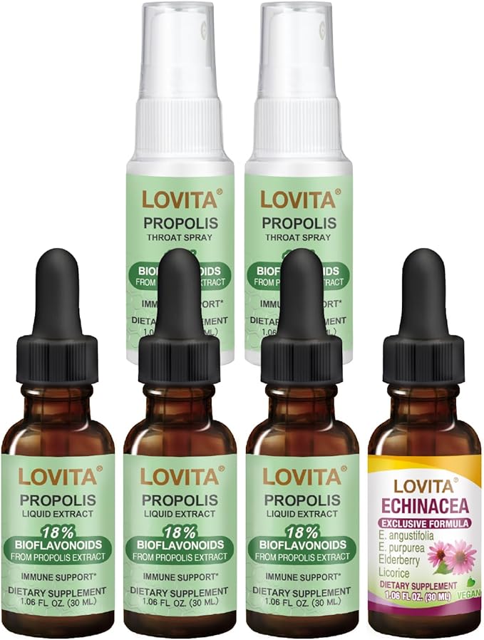 LOVITA Propolis &amp Echinacea Wellness Bundle - 3 Propolis Drops 2 Sprays &amp 1 Echinacea Extract Daily Immune Maintenance (6 Pc Set)