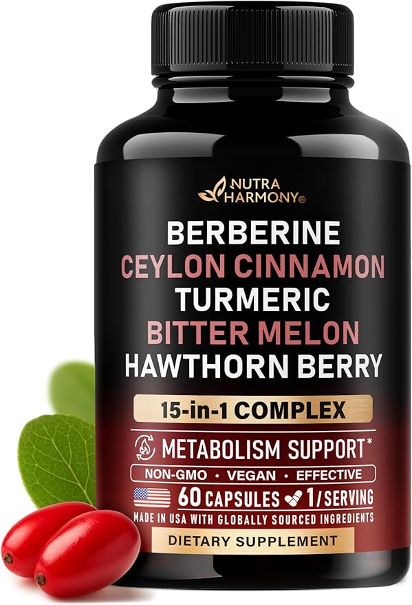 Berberine with Ceylon Cinnamon | Bitter Melon (Karela) | Apple Cider Vinegar | Hawthorn Berry | Citrus Bergamot | Turmeric - 15-in-1 Supplement for Heart Support Metabolism &amp Energy - 60 Capsules