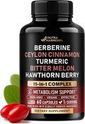 Berberine with Ceylon Cinnamon | Bitter Melon (Karela) | Apple Cider Vinegar | Hawthorn Berry | Citrus Bergamot | Turmeric - 15-in-1 Supplement for Heart Support Metabolism &amp Energy - 60 Capsules
