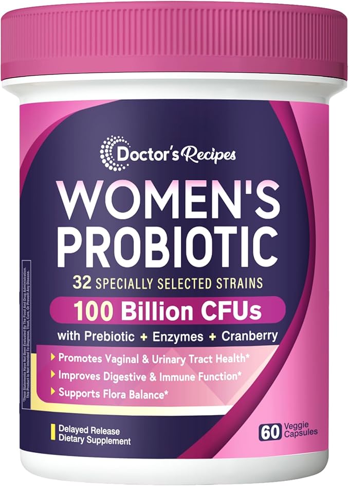Doctor's Recipes Probiotics for Women 100 Billion CFU 32 Strains with Prebiotic Enzymes &amp Cranberry Shelf Stable Delayed Release 60 Caps