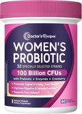 Doctor's Recipes Probiotics for Women 100 Billion CFU 32 Strains with Prebiotic Enzymes &amp Cranberry Shelf Stable Delayed Release 60 Caps