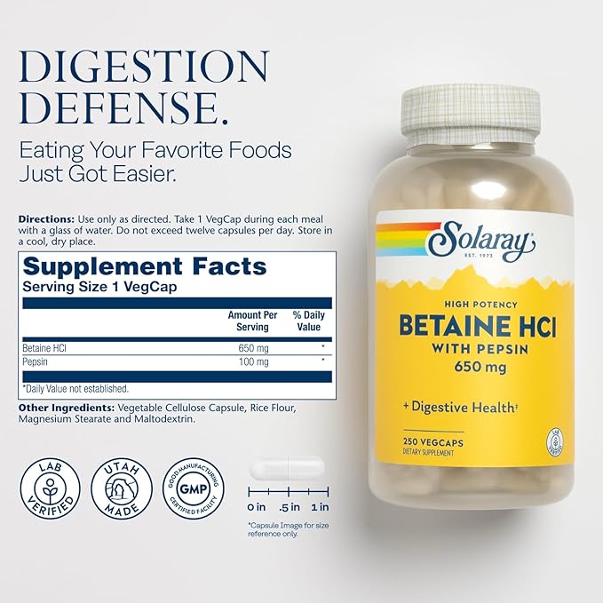 SOLARAY Betaine HCL with Pepsin - High Potency Hydrochloric Acid Formula - Digestive Health Supplement with Digestive Enzymes for Gut Health Support - 60-Day Guarantee 250 Servings 250 VegCaps